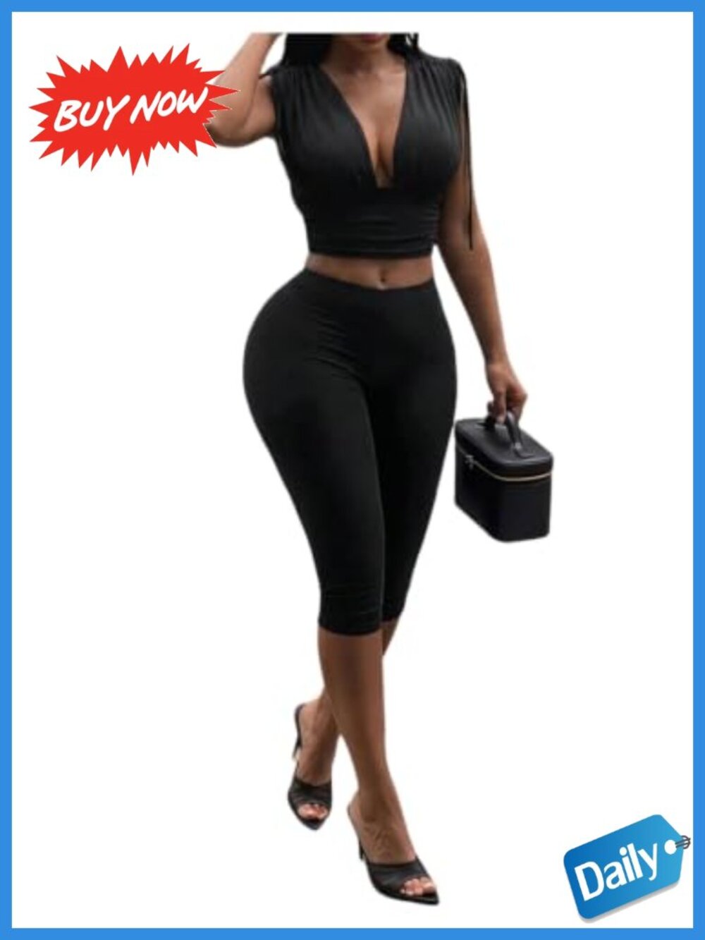 2 Piece Sleeveless Crop Top & Capri Pants Set Slim Fit High Stretch Co-ord